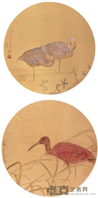 江宏伟 花鸟（两帧） 镜心 直径31cm×2